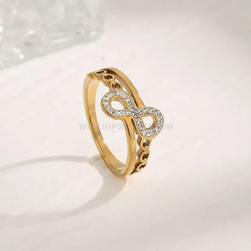 Zircon Inlaid Infinity Symbol Gold Plated Titanium Ring