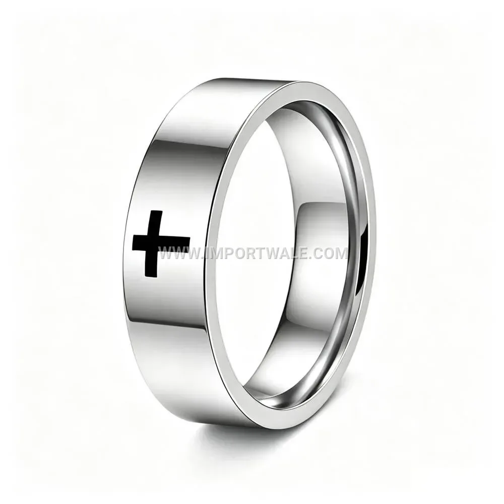 Laser-Engraved Flat Cross Band Ring in Stainless Steel