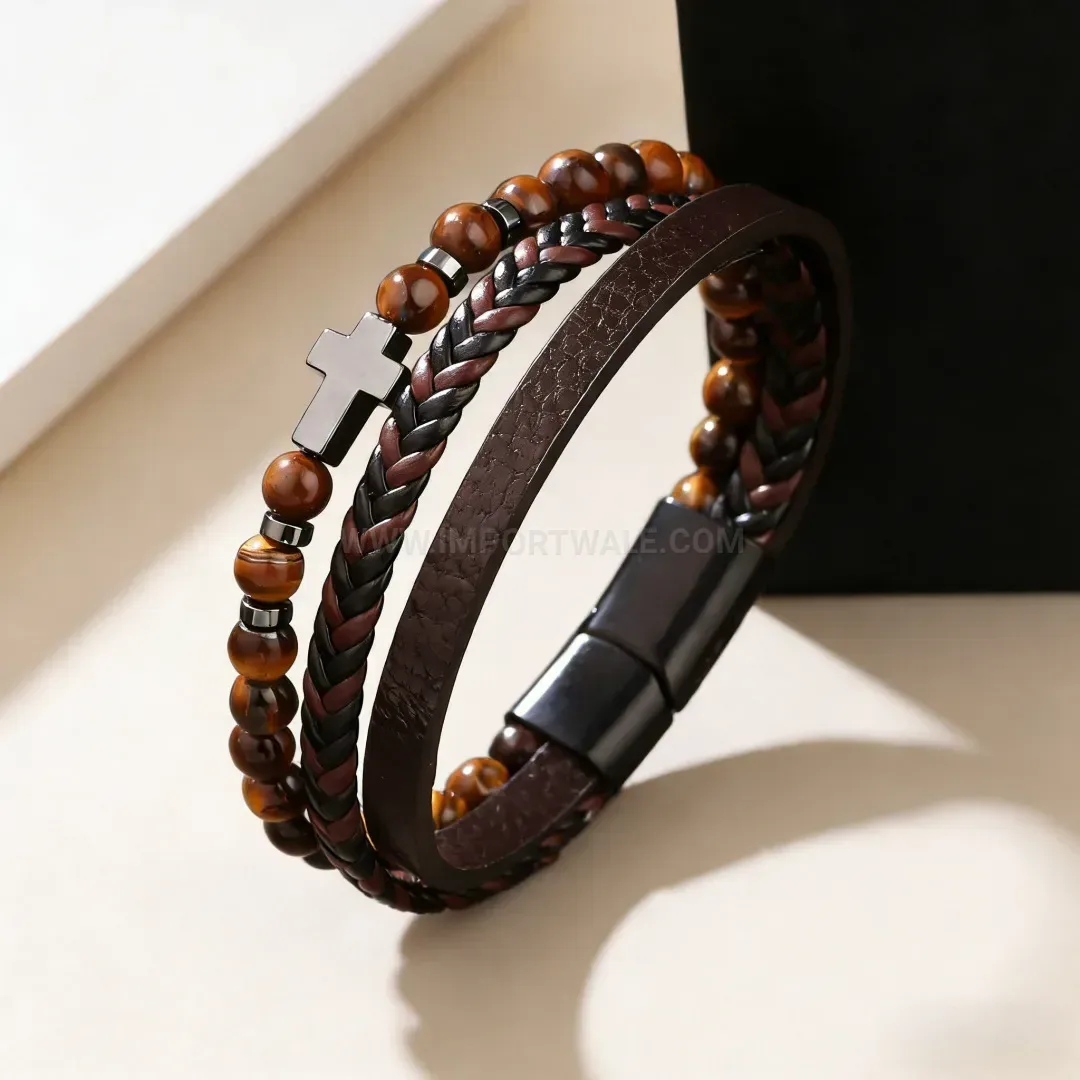 Multi Layer Leather Tiger Eye Natural Stone Bracelet with Cross Magnetic Clasp