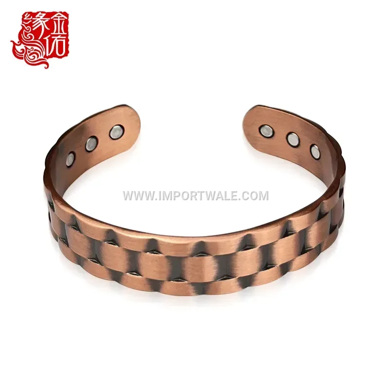 Adjustable Copper Magnetic Cuff Bracelet with Geometric Pattern