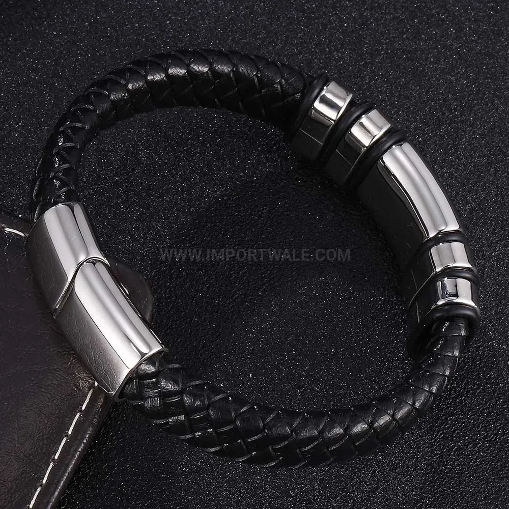 Geometric Stainless Steel Leather Bracelet with Laser Engraving