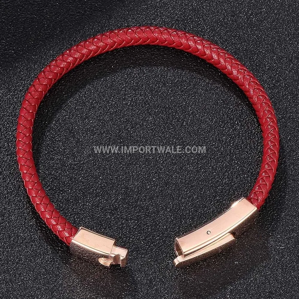 Braided Leather Bracelet with Plated Stainless Steel Snap Clasp