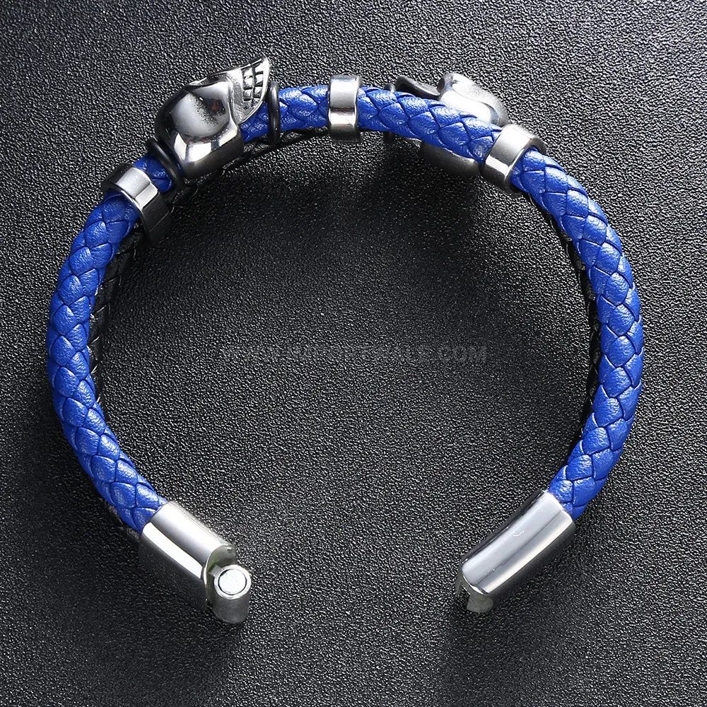 Fashion Dual-Tone Leather Skull Bracelet with Stainless Steel Magnetic Clasp