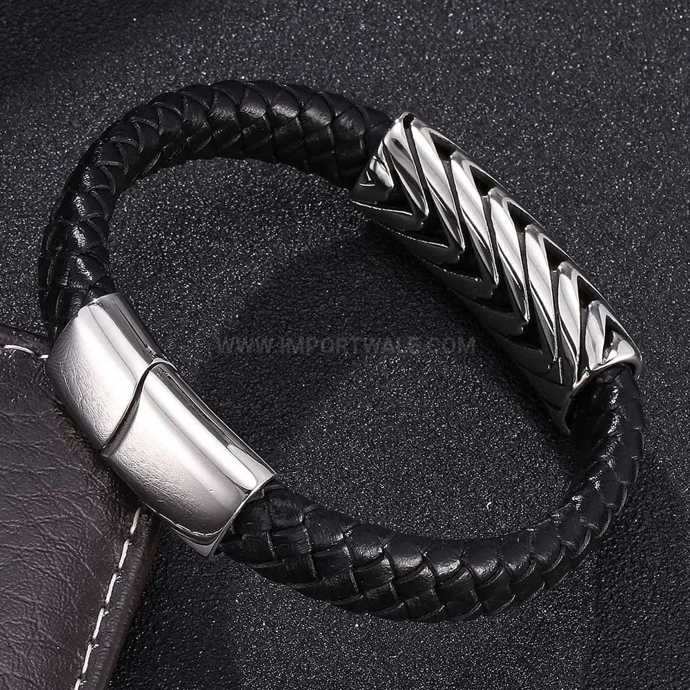 Black Leather Arrow Bracelet with Stainless Steel Clasp for Men