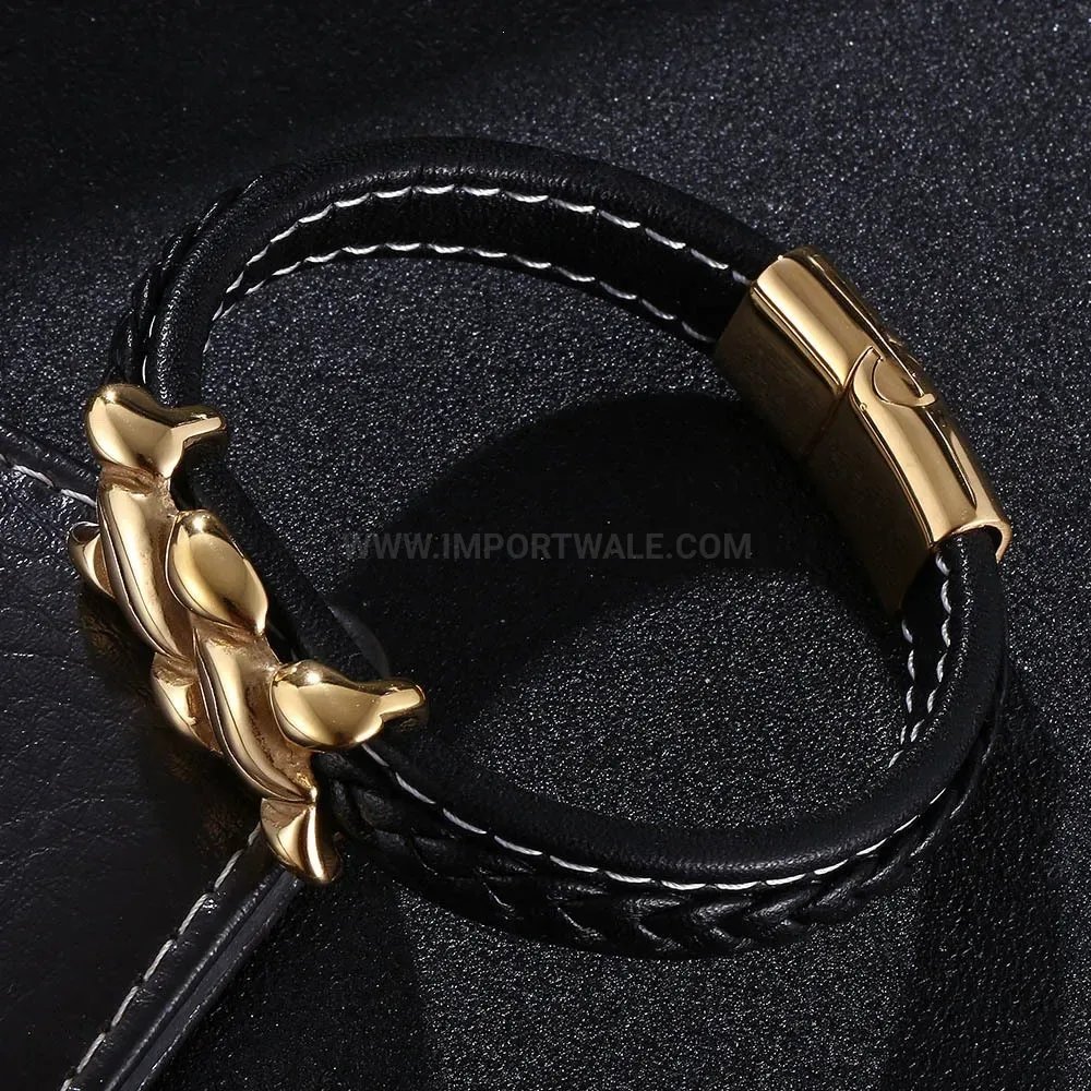 Braided Leather Gold Tone Stainless Steel Men's Cuff Bracelet