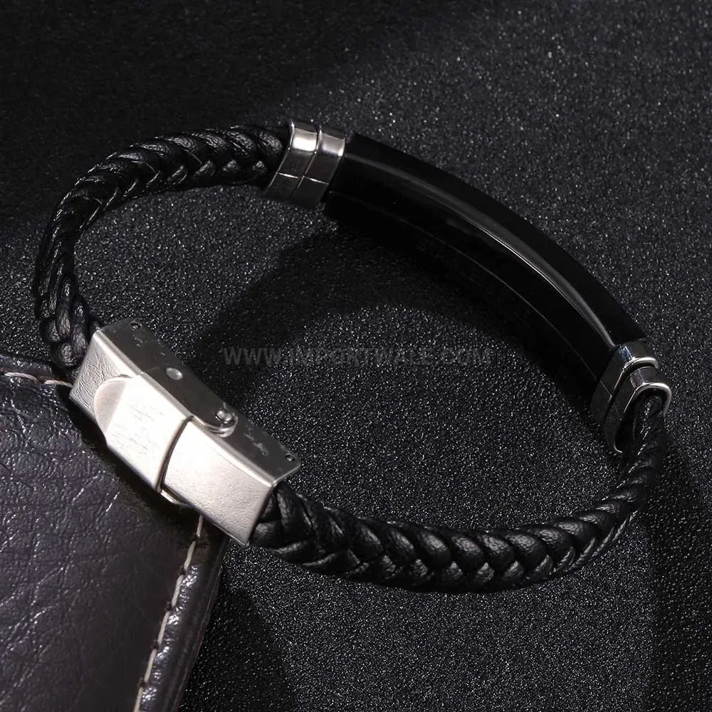 Black Leather Woven Stainless Steel Clasp Band Bracelet