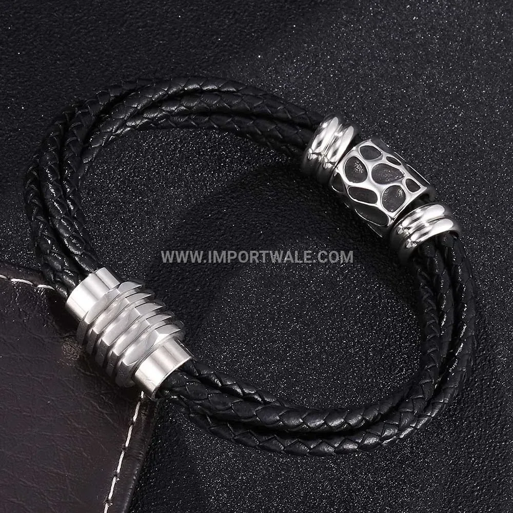 Multi Strand Braided Leather Wristband with Stainless Steel Hardware