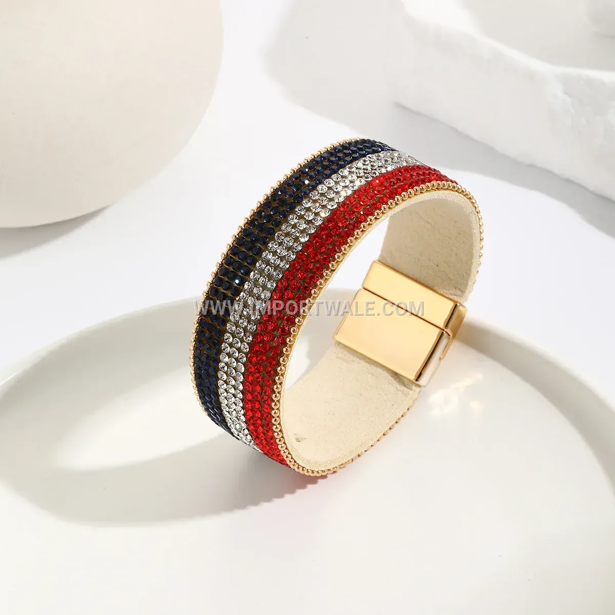 American Flag Rhinestone PU Leather Bracelet with Magnetic Clasp