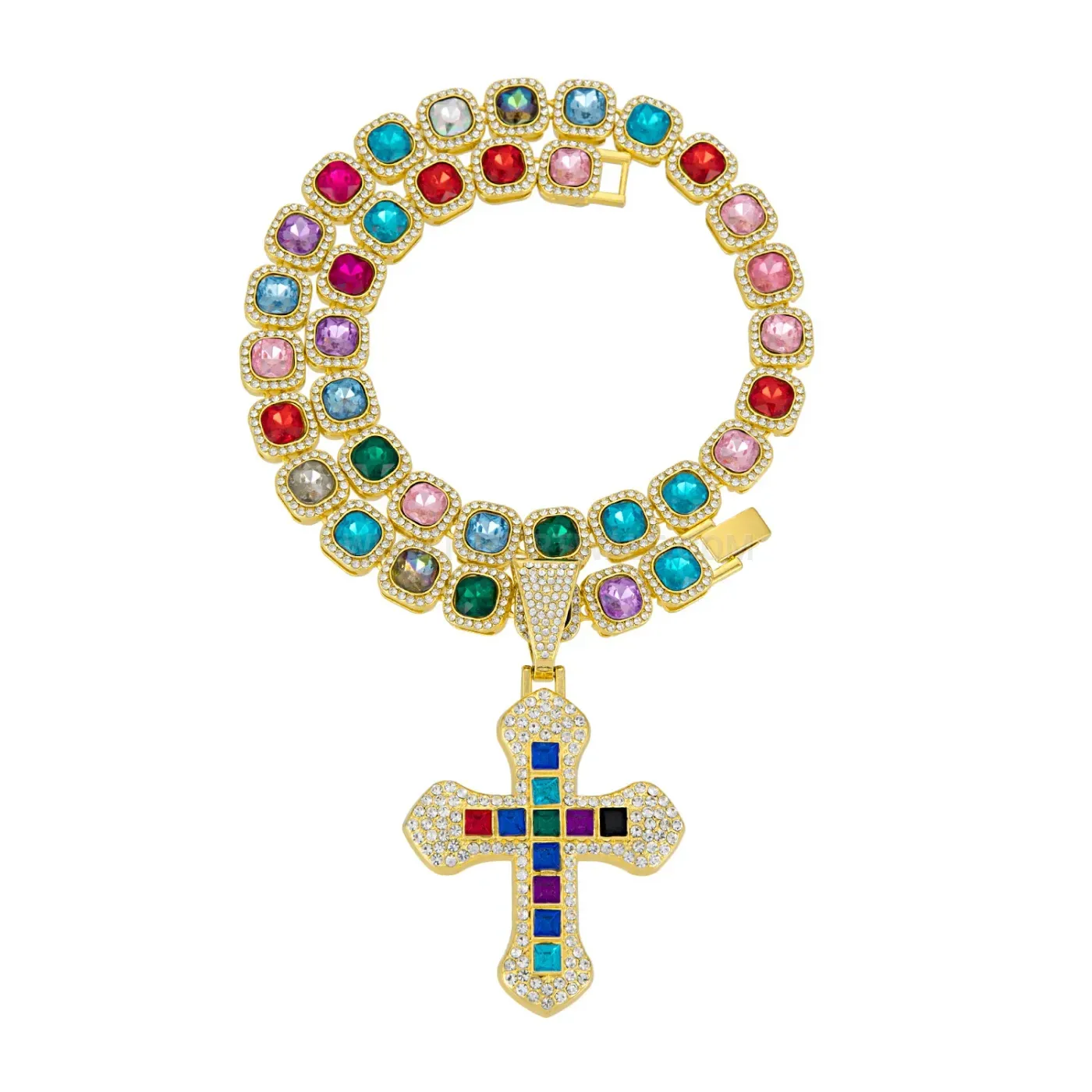 Premium Layered Square Gem Cross Pendant Cuban Necklace