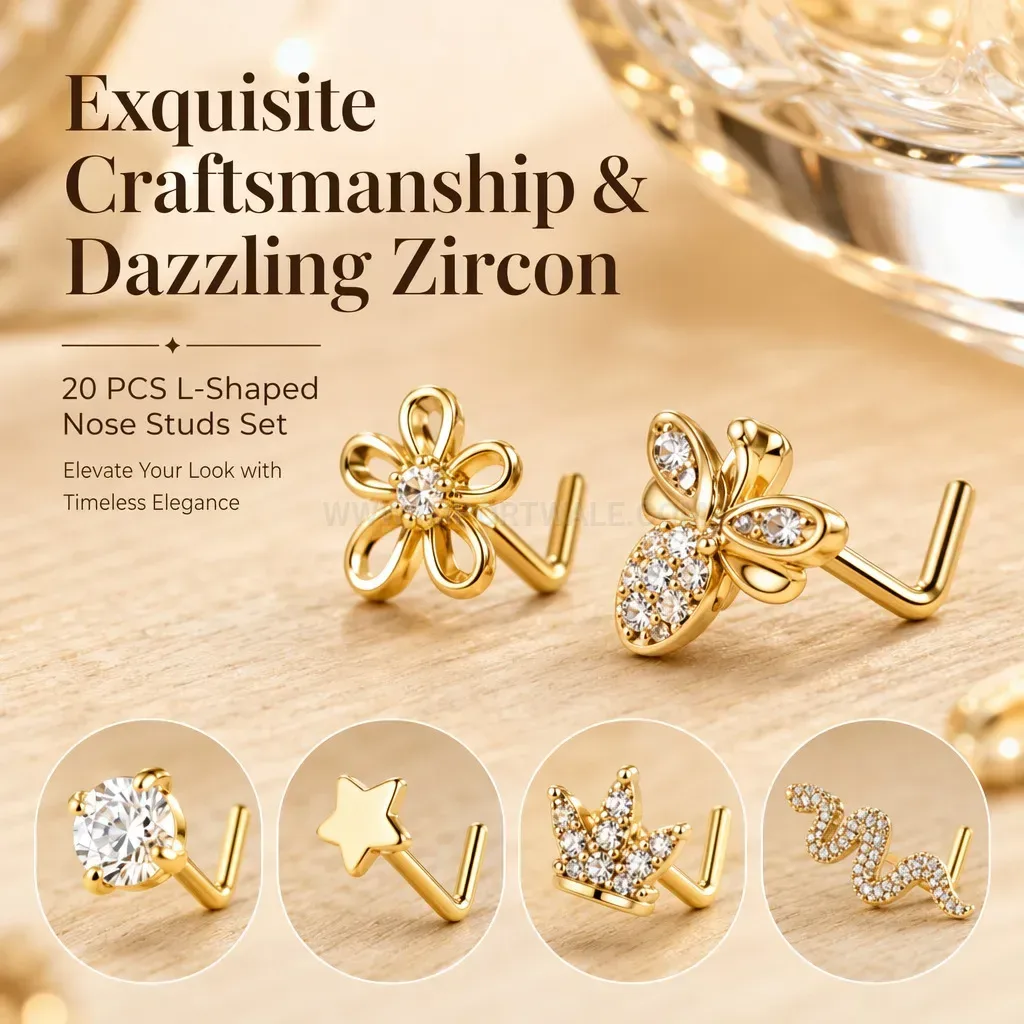 Classic Stainless Steel L-Shaped Sparkling Crystal Nose Piercing Set