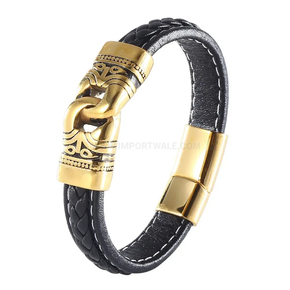 Engraved Stainless Steel and Braided Leather Cinch Bracelet
