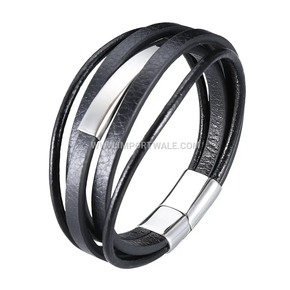 Layered Black Cowhide Leather and Stainless Steel Wristband Bracelet