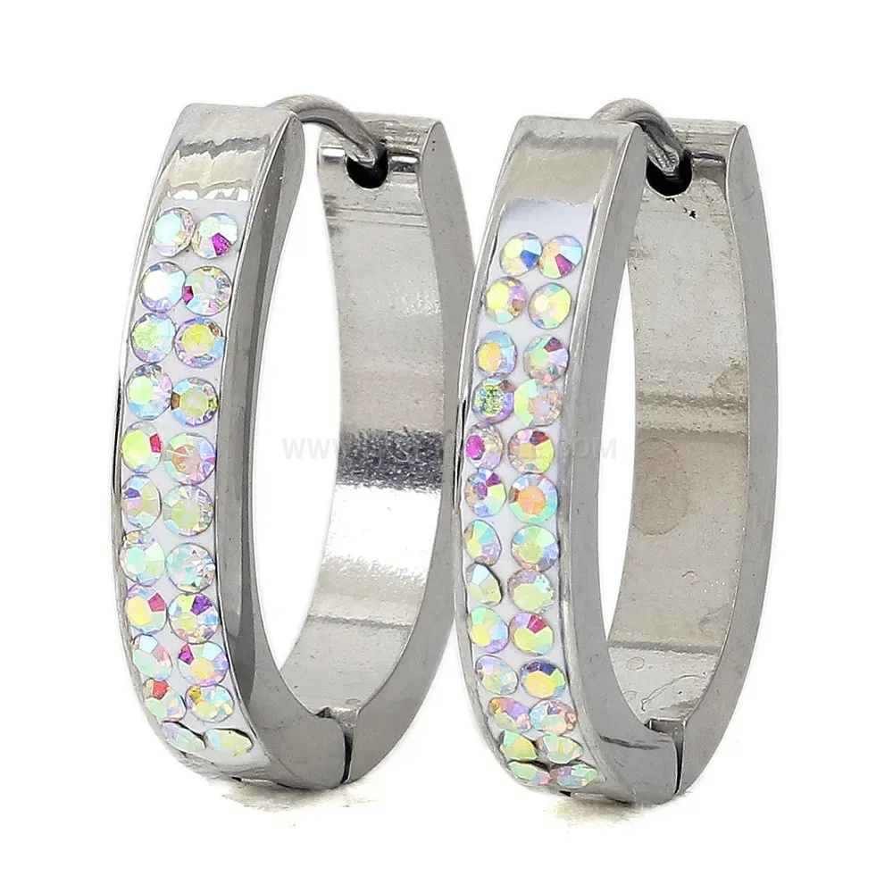 Trendy Sleek Single-Row Rhinestone Stainless Steel Hoop Earrings