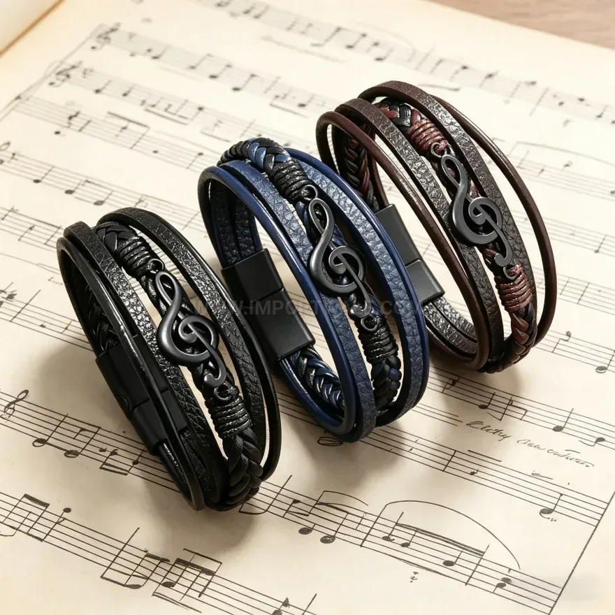 Fashion Multi Layer Braided Leather Treble Clef Bracelet with Magnetic Clasp