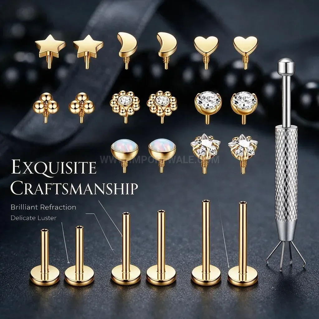 Classic Stainless Steel Flat Back Internal Thread Gemmed Nose Stud Piercing