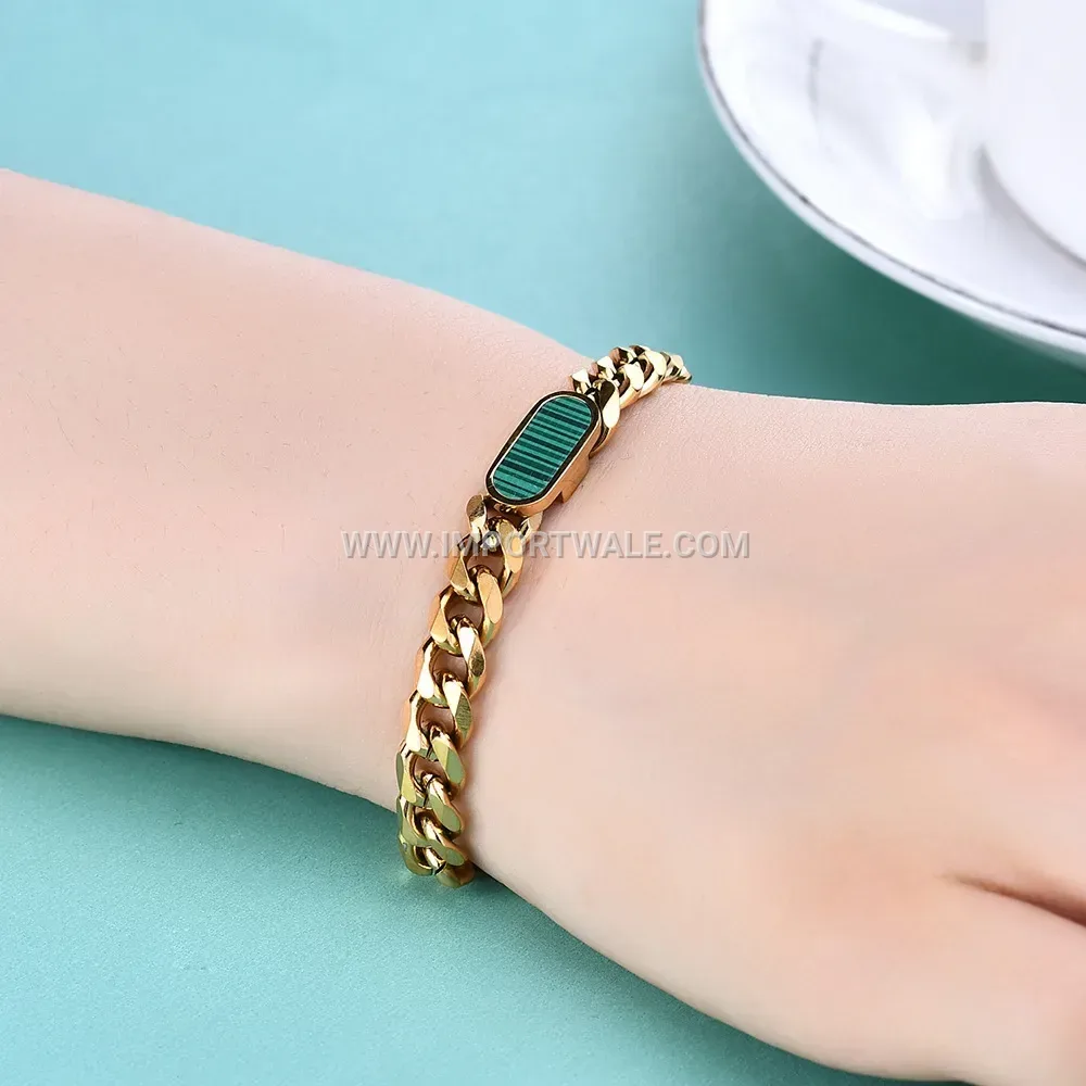 Curved Cuban Stainless Steel Bracelet with Faux Malachite Inlay
