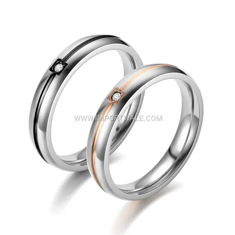 Stainless Steel Rhinestone Band Ring with Two Tone Finish