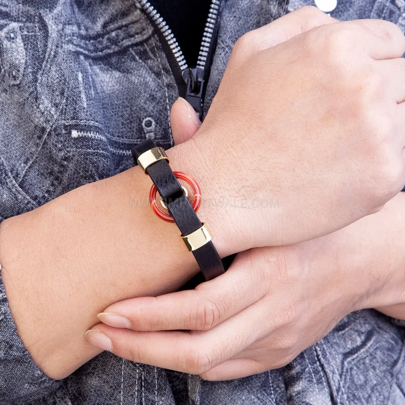 Beaded Natural Stone Leather Cord Wristband Stainless Steel Magnetic Clasp