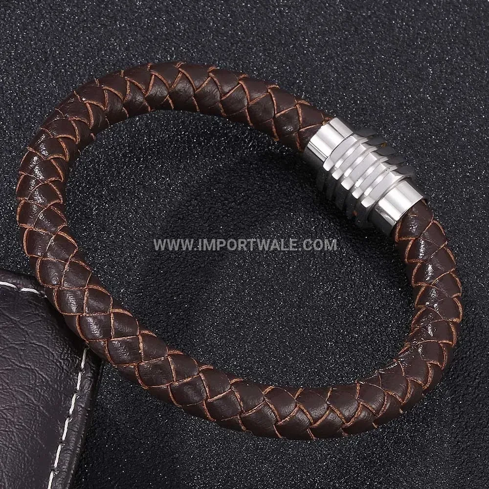 Men's Vintage Genuine Leather Stainless Steel Magnetic Clasp Wristband