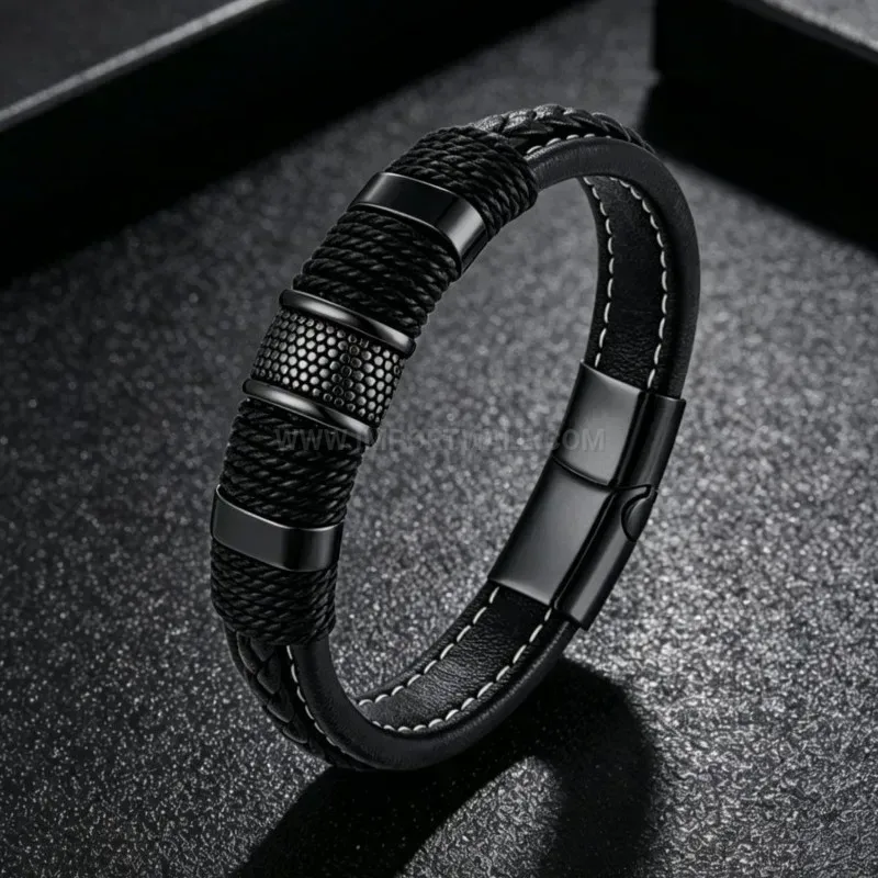 Stylish Multi Layer Braided Leather Men Bracelet With Magnetic Clasp
