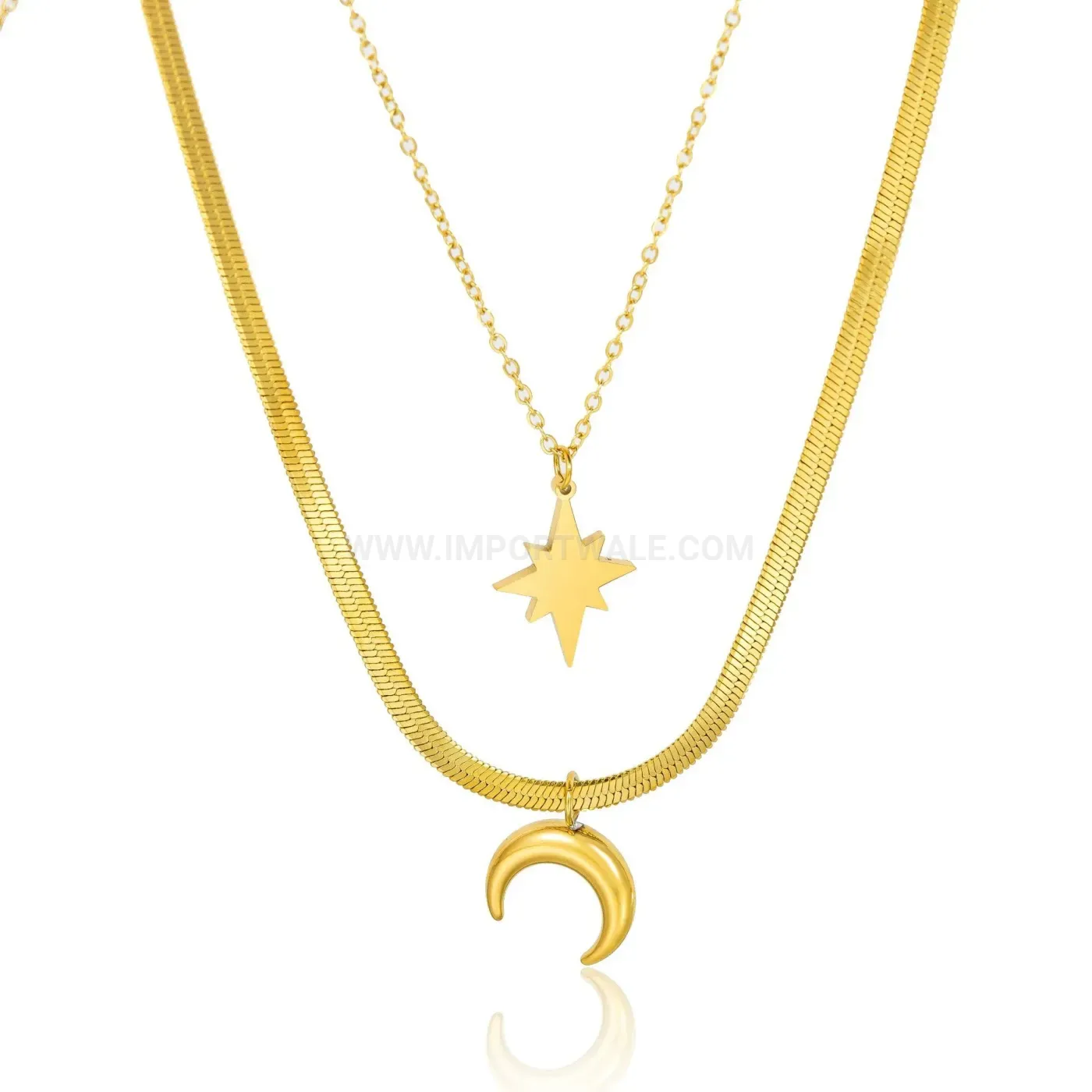 Bold Gold Layered Star and Moon Snake Chain Necklace