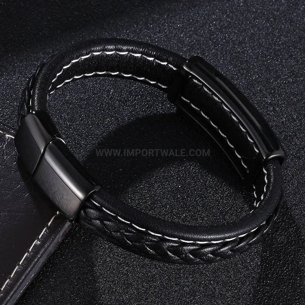 Smooth Leather Wristband with Stainless Steel Interlocking Clasp