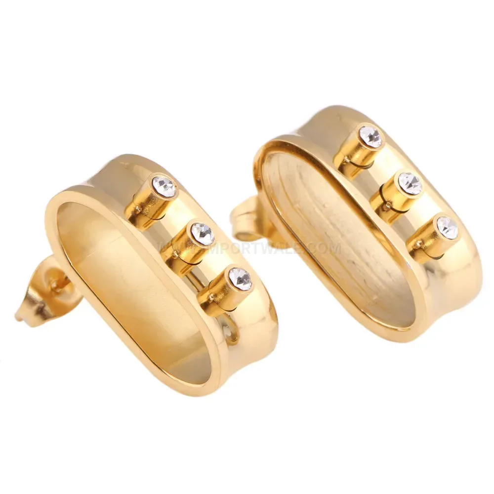 Trendy 18K Gold Plated Belt Buckle Rhinestone Stainless Steel Stud Earrings