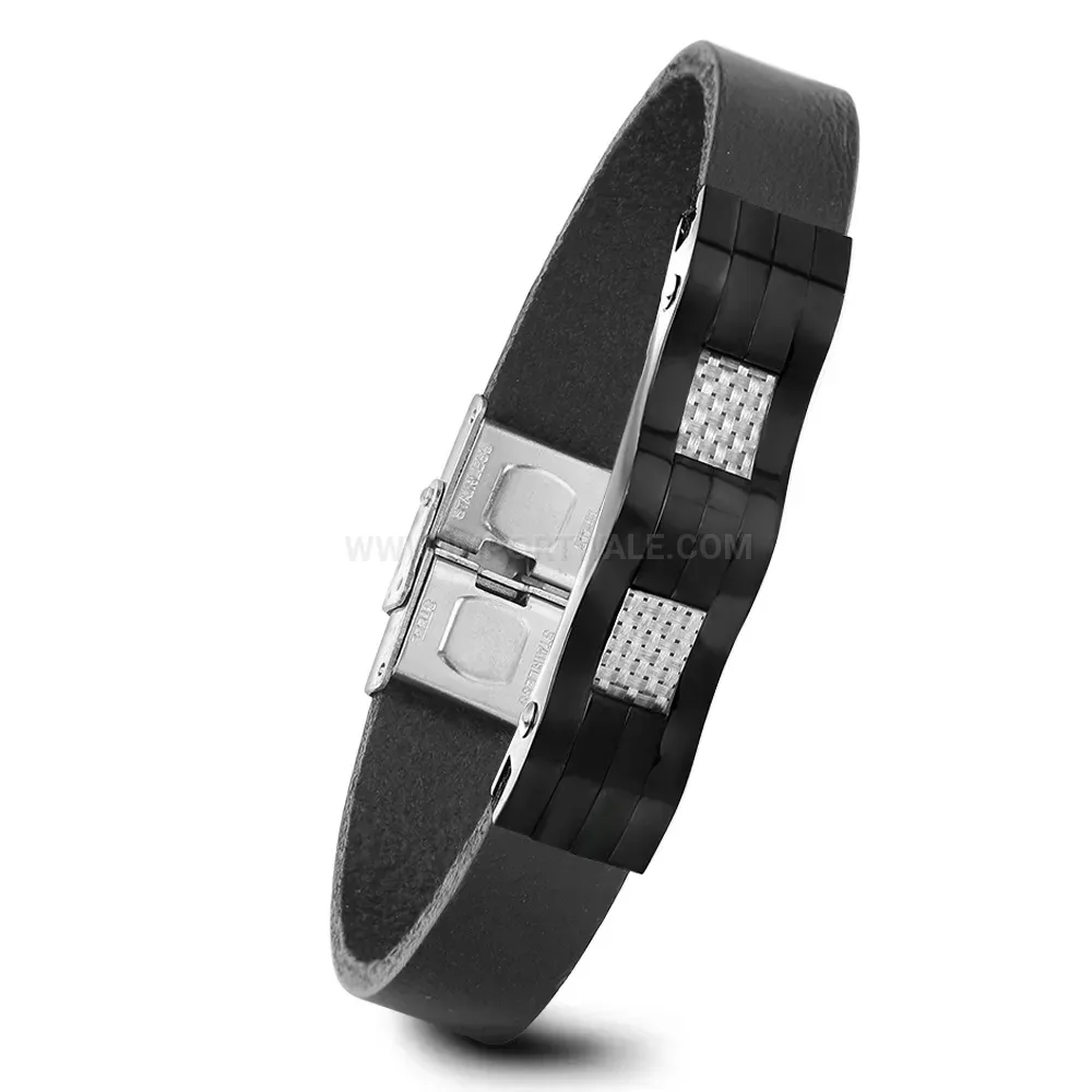 Men's Two-Tone Black Leather Cord Stainless Steel Bracelet