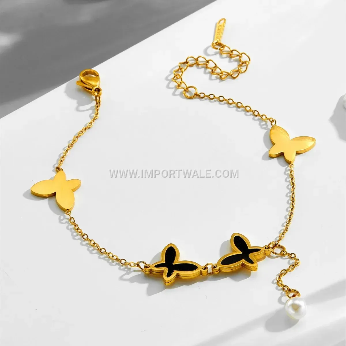 Gold Titanium Steel Butterfly Pearl Tassel Anti Tarnish Anklet