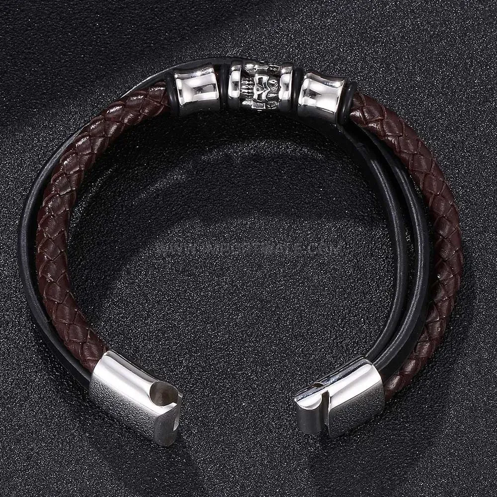 Skull Detail Multi Strand Leather Wristband in Stainless Steel