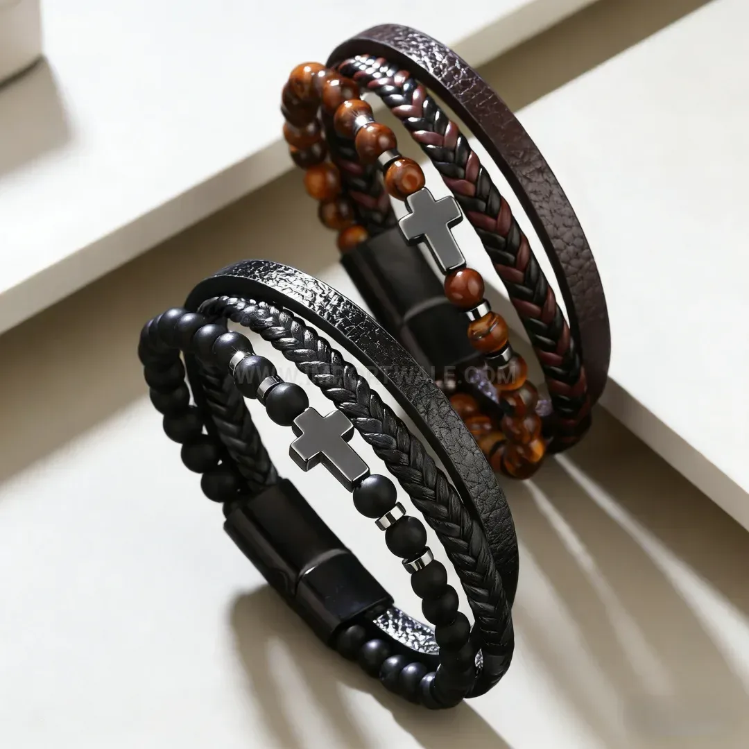 Multi Layer Leather Tiger Eye Natural Stone Bracelet with Cross Magnetic Clasp