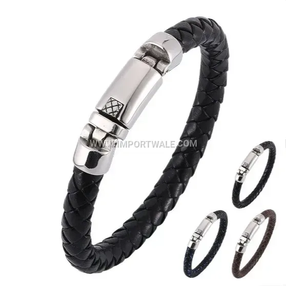 Men's Handcrafted Braided Leather Stainless Steel Snap Clasp Wristband