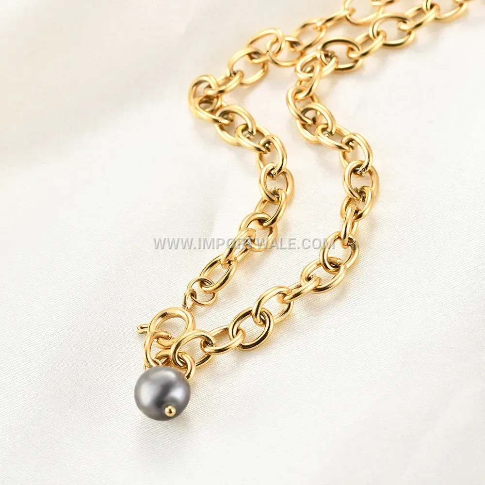 Vintage Black Pearl Pendant Stainless Steel Chain Necklace