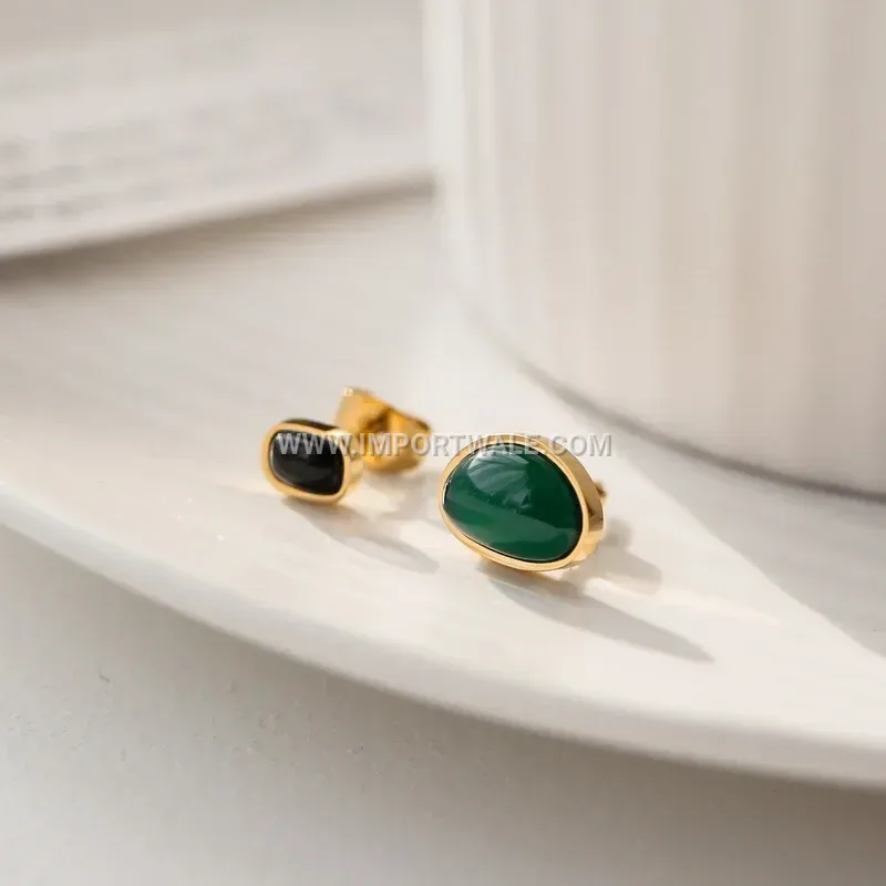 Anti Tarnish Stainless Steel Green Black Agate Jewelry Set