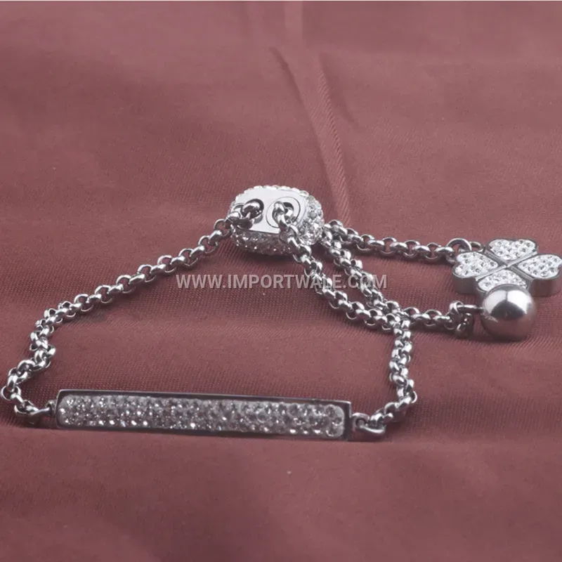 Three Row Rhinestone Heart Stainless Steel Bangle