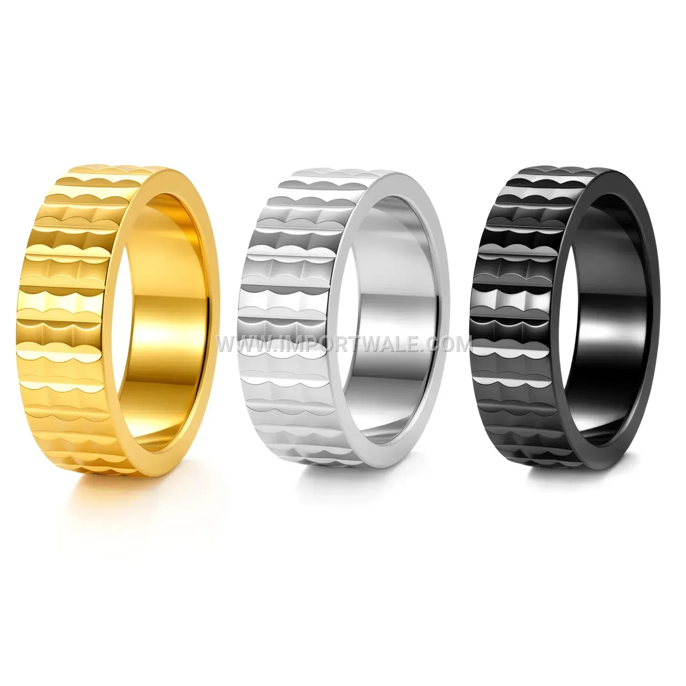 Engraved Geometric Stainless Steel Band Ring with 18K Gold Plating