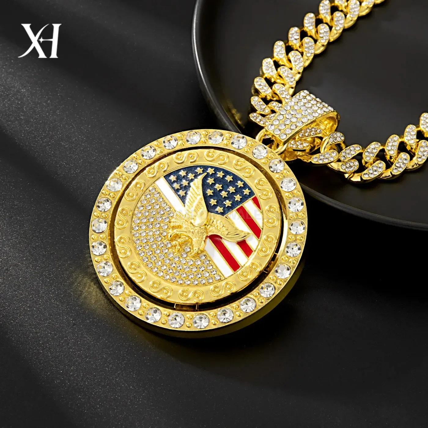 Modern Spinning Eagle Flag Pendant Cuban Link Necklace