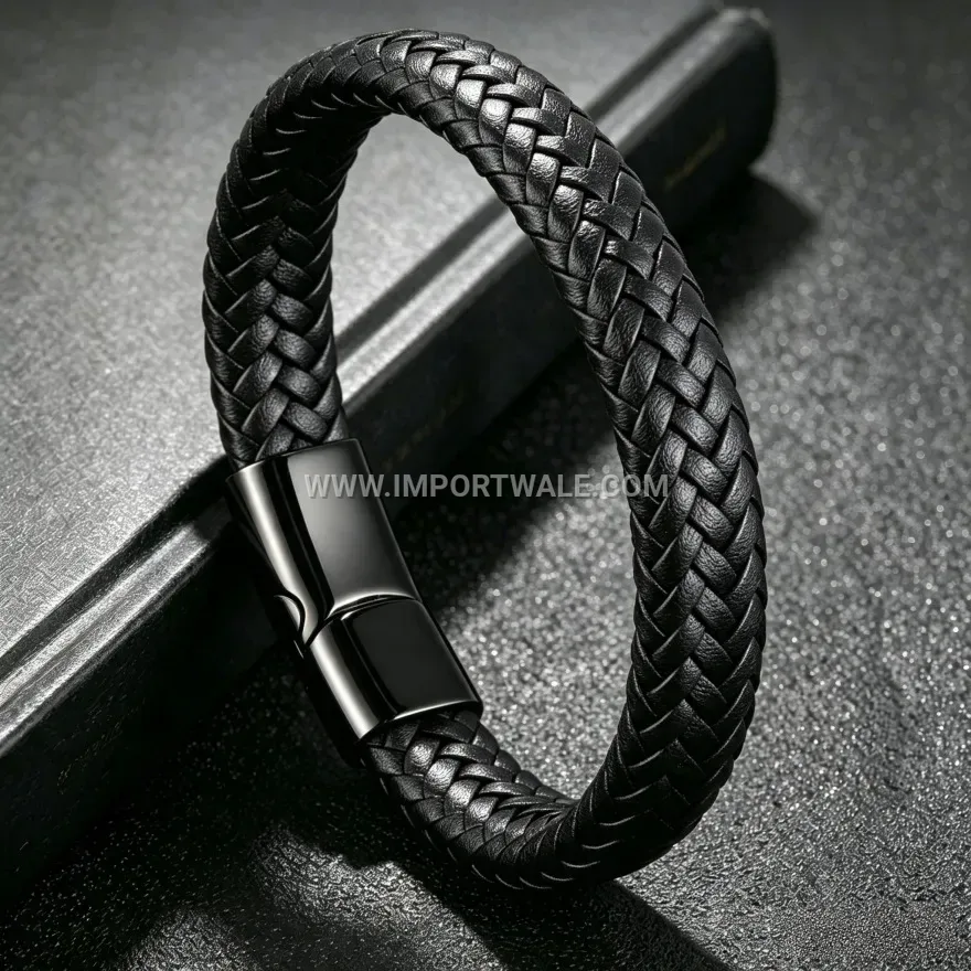 Men's Two-Tone Braided Leather Bracelet with Stainless Steel Magnetic Clasp