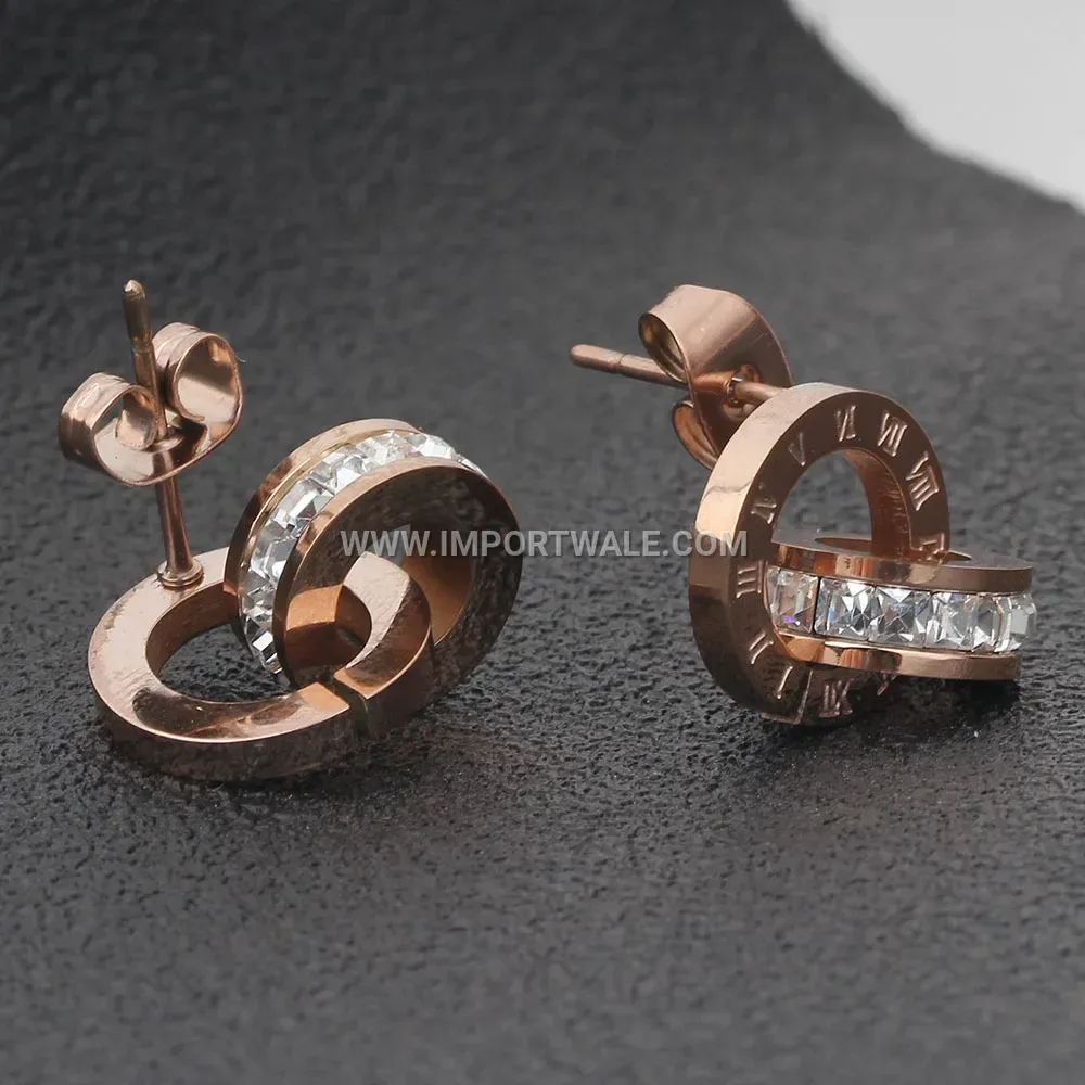 Rose Gold Stainless Steel Roman Numeral Crystal Disc Earrings
