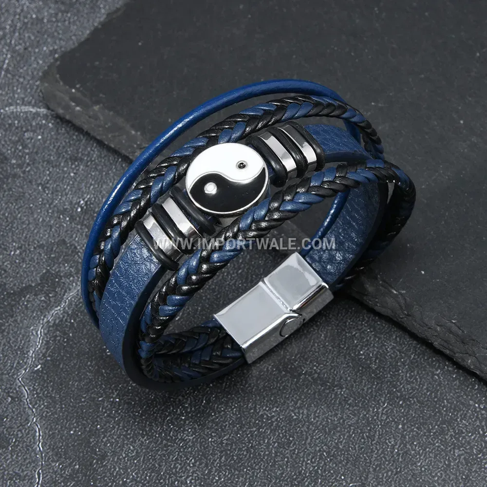 Multi Layer PU Leather Men Wristband With Magnetic Clasp