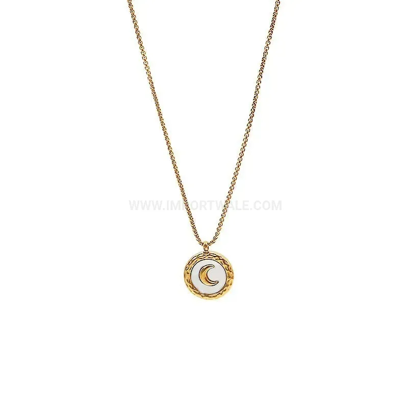 Trendy Gold Titanium Steel White Shell Moon Pendant Snake Chain Necklace
