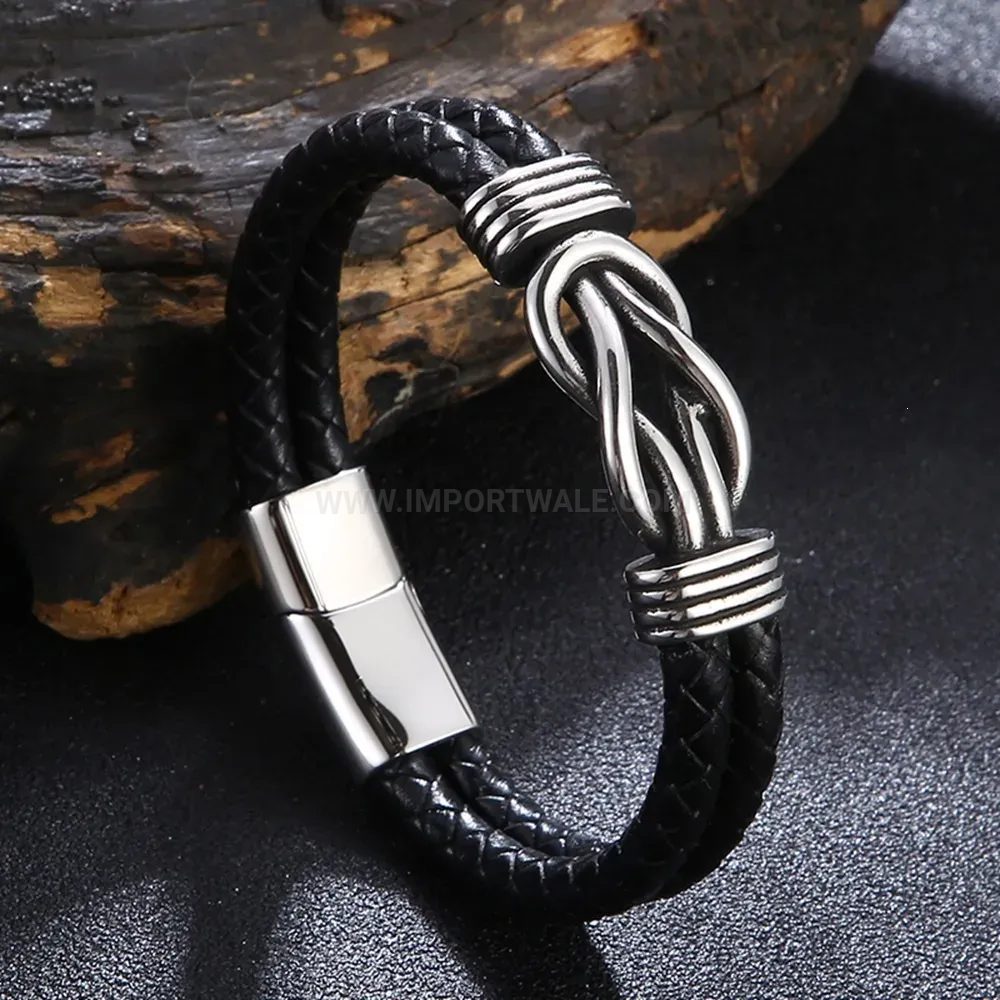 Trendy Double Layered Leather Bracelet with Magnetic Stainless Steel Clasp