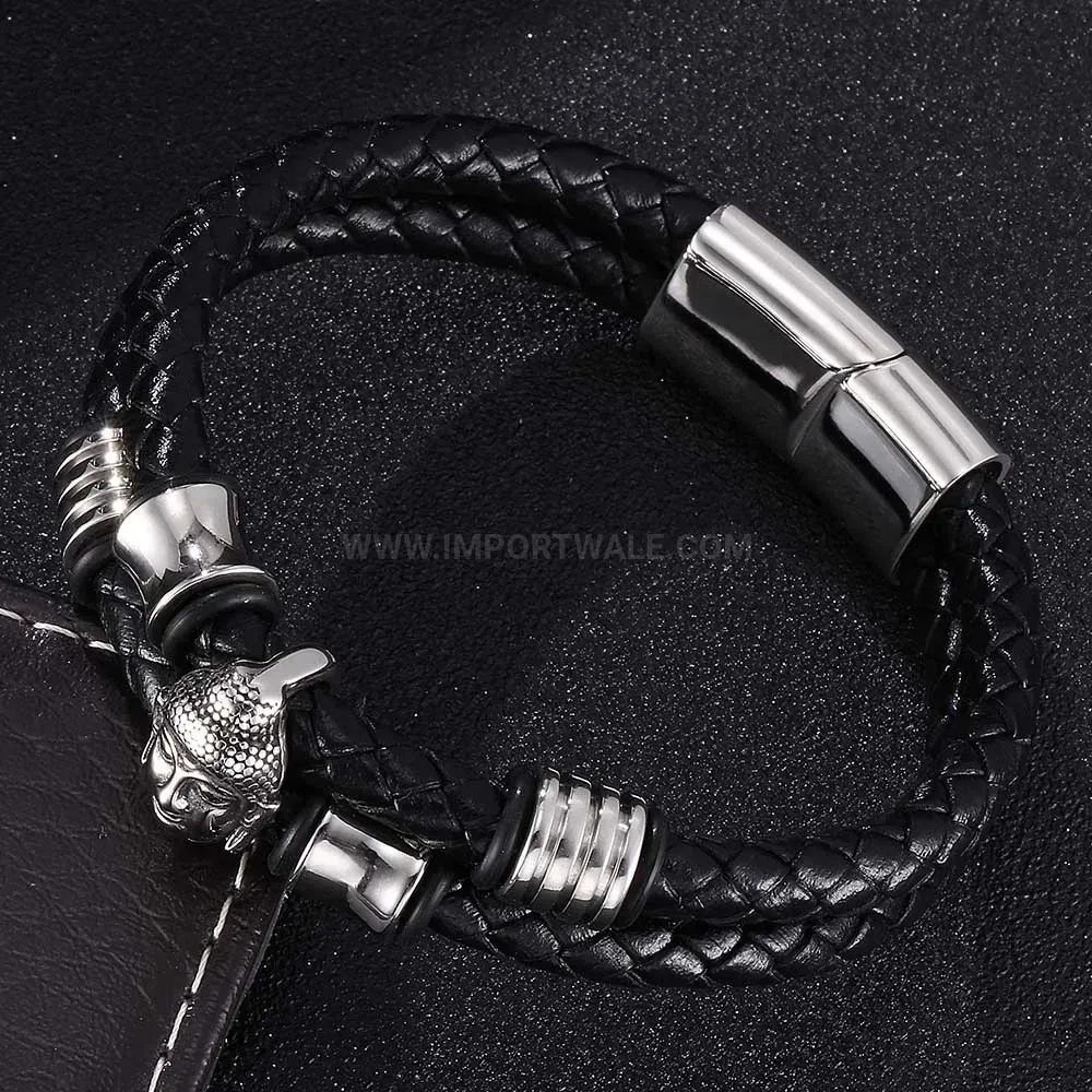 Trendy Buddha Emblem Stainless Steel and Leather Cord Wristband