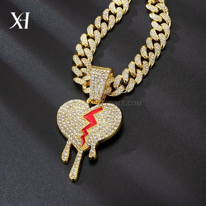 Stylish Crystal Pave Bleeding Broken Heart Alloy Cuban Necklace