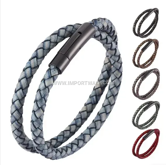 Double-Wrap Leather Wristband with Stainless Steel Clasp