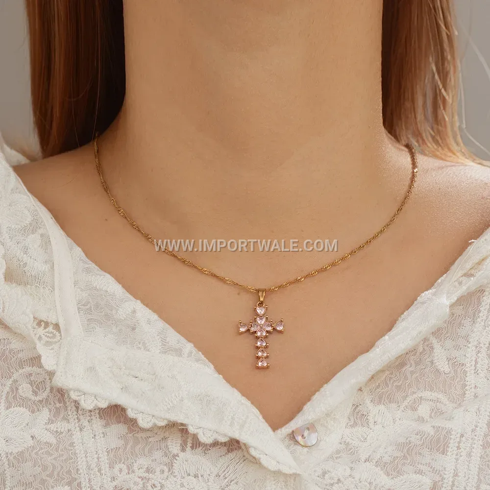 Gold Plated Stainless Steel Zircon Cross Pendant Necklace