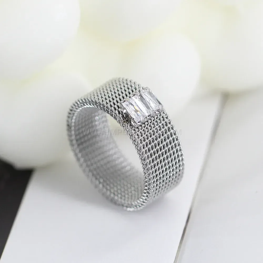 Wide Mesh Crystal Embellished Stainless Steel Ring