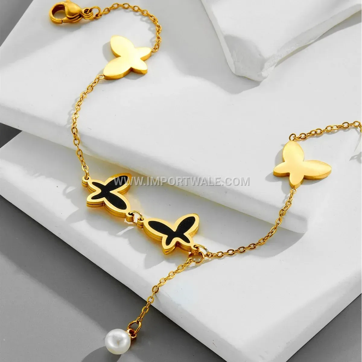 Gold Titanium Steel Butterfly Pearl Tassel Anti Tarnish Anklet