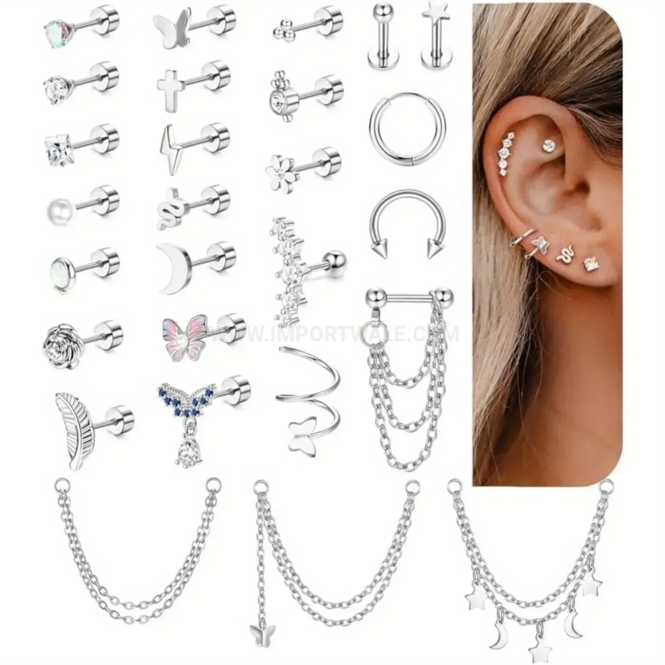 Classic Stainless Steel Rhinestone Multi-Piercing Cartilage Stud Set