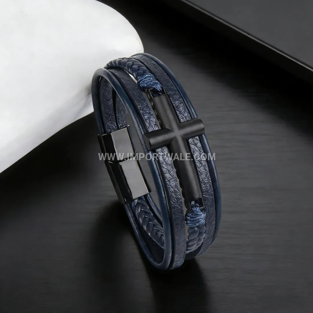 Men Multilayer Braided PU Leather Cross Bracelet Stainless Steel Magnetic Clasp